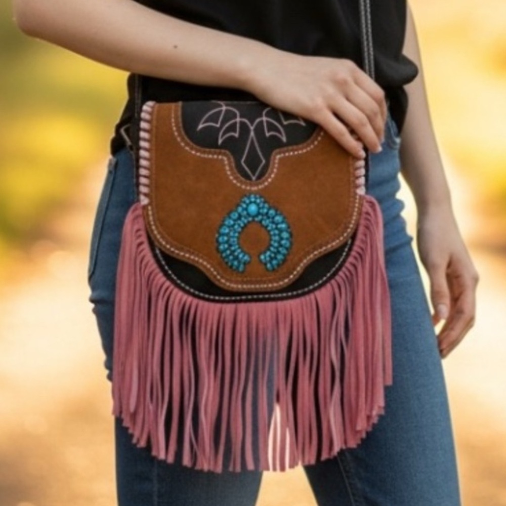 Montana West Pink Fringe & Turquoise Beaded Crossbody Bag NWT